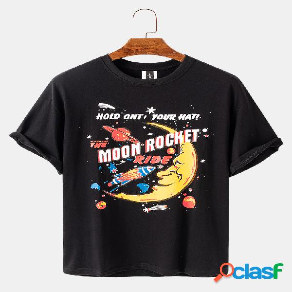 Mens Moon Rocket Graphic Impresso manga curta em torno do