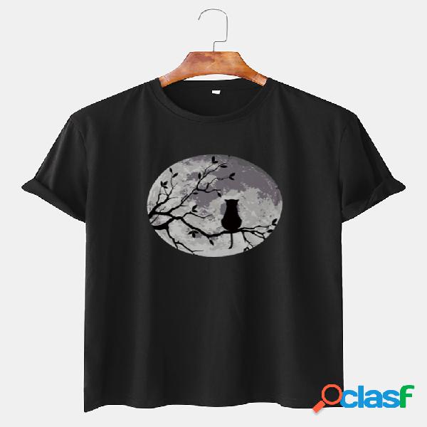 Mens Moon & cat Graphic Casual T-shirts de algodão