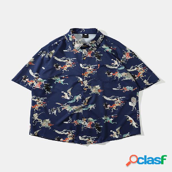 Mens Oriental Vintage Monstro Japonês Impresso Manga Curta