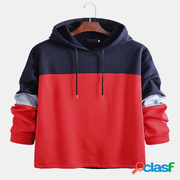 Mens Patchwork Casual manga comprida Drawstring Hoodies
