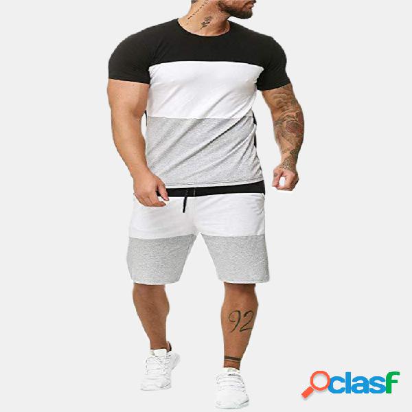 Mens Patchwork Sport Two Pieces Elastic Respirável Training