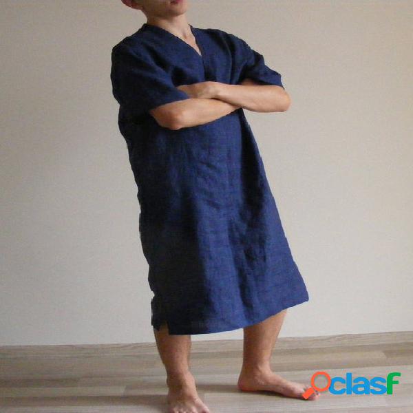 Mens Pijamas de Algodão Longa Camisa de Dormir Vestes