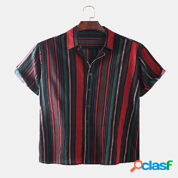 Mens Plain Color Stripe Turn Down Collar Camisas de manga