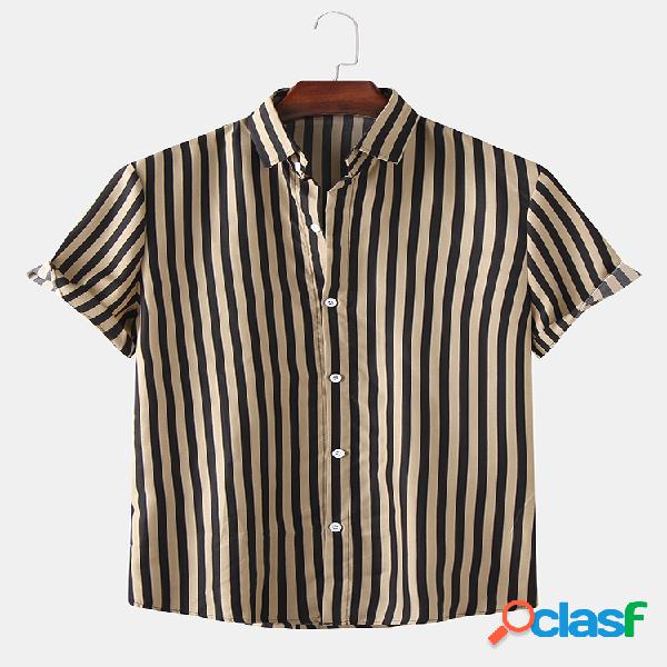 Mens Plain Stripe Turn Down Collar Casual Camisas de manga