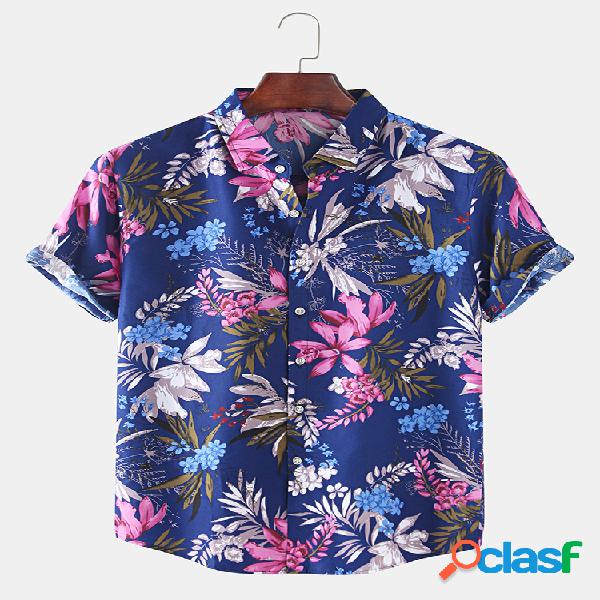 Mens Plant & Leaf Print Manga curta Camisas de grife de