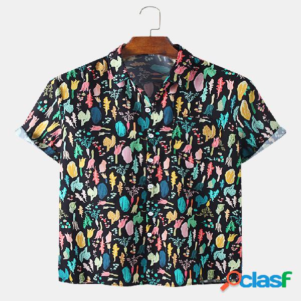 Mens Plants Cartoon Impresso manga curta bolso lapela Collar