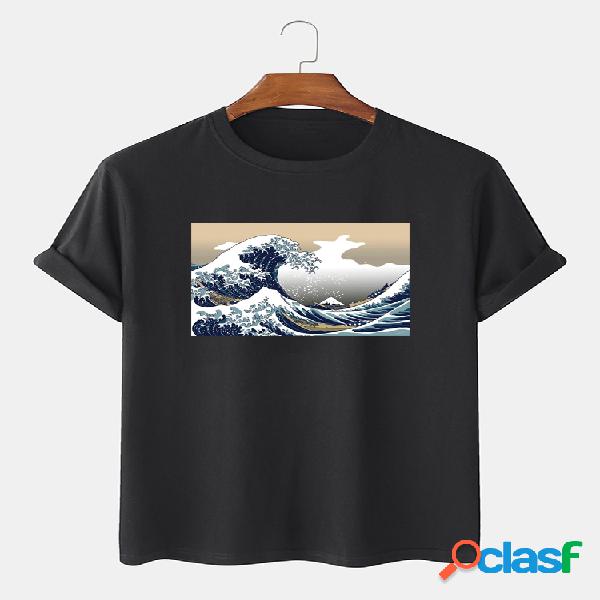 Mens Sea Wave Padrão Camisetas de manga curta 100% algodão