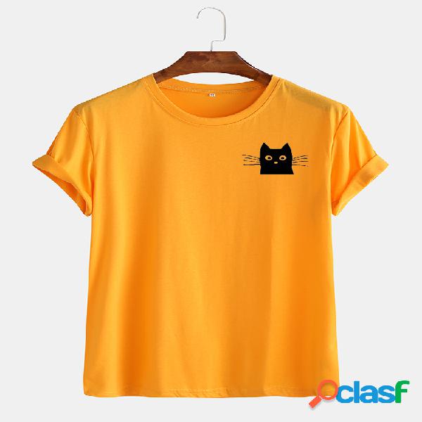 Mens Simple Cartoon Cat Graphic Casual Algodão Camiseta de