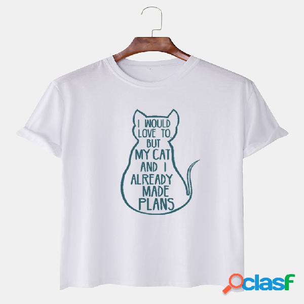 Mens Slogan Cat Impresso Casual Cotton O-neck T-shirts