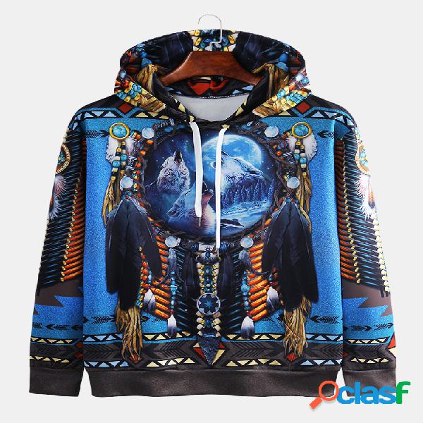 Mens Totem indiano impresso bolsos étnicos com capuz
