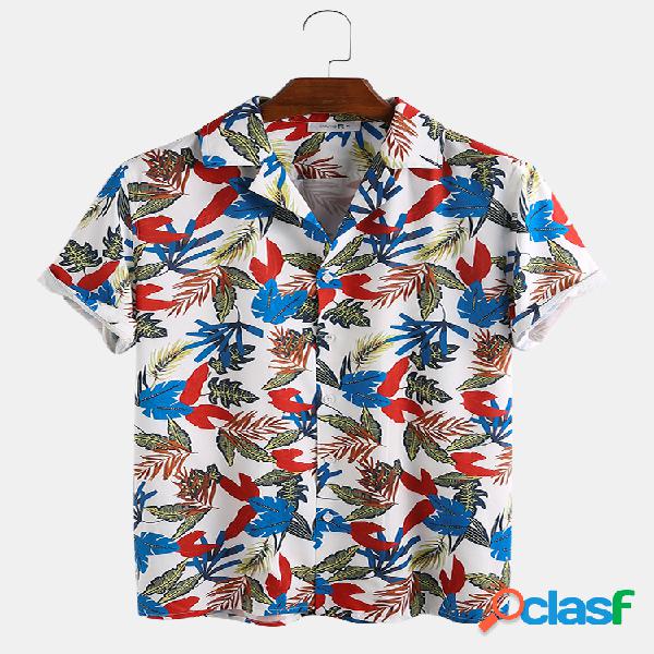 Mens Tropical Colorful folhas Impresso Casual Manga Curta