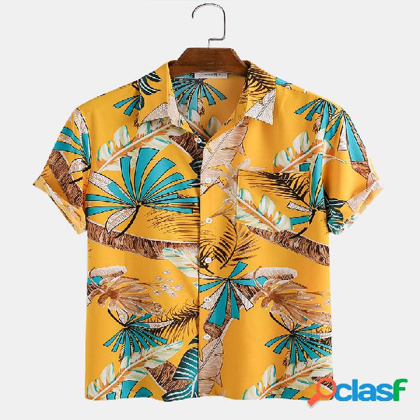 Mens Tropical Folha Print Camisas de manga curta de férias