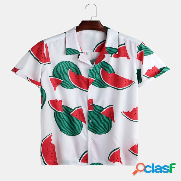 Mens Verão Melancia Impresso Turn Down Collar Manga curta