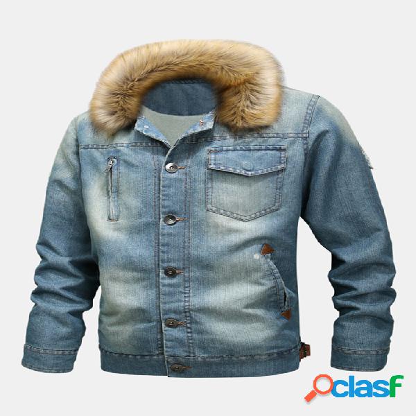 Mens Vintage Denim Fur Collar Multi Bolsos Windproof Warm