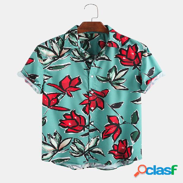 Mens Vintage Floral Impresso Casual Lapel Collar Camisas de