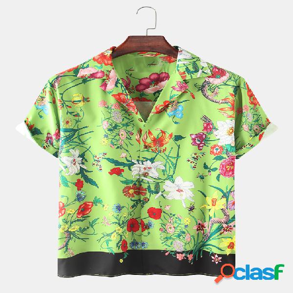 Mens Vintage Floral Impresso Verão Férias manga curta