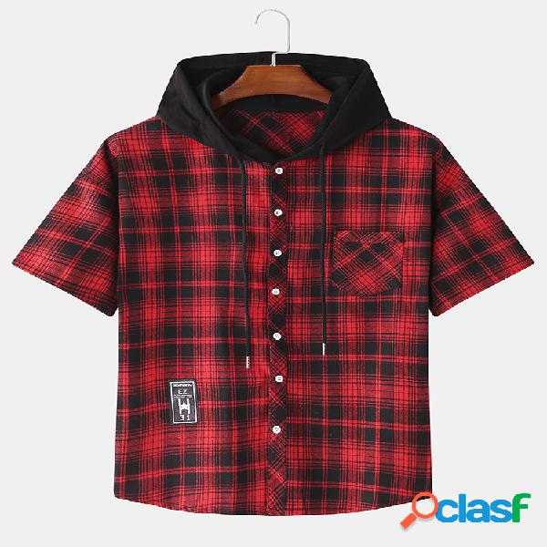 Mens Vintage Plaid Hooded Casual manga curta Camisa