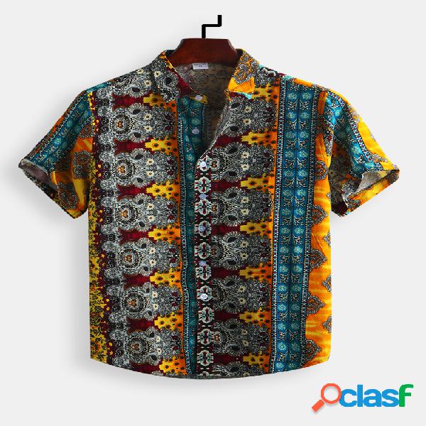 Mens algodão impresso patchwork respirável manga curta