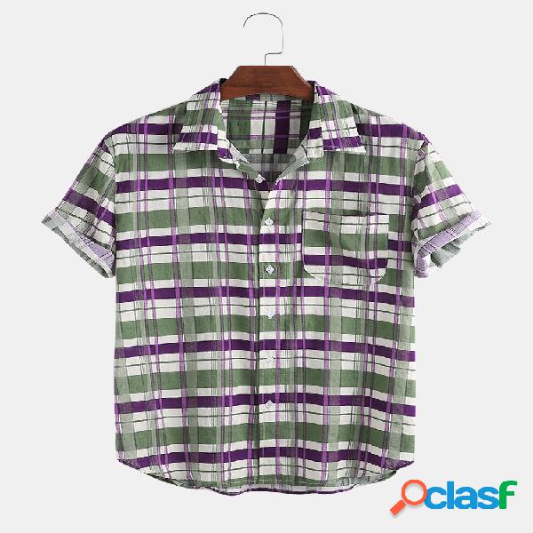 Mens algodão respirável xadrez casual lapela manga curta