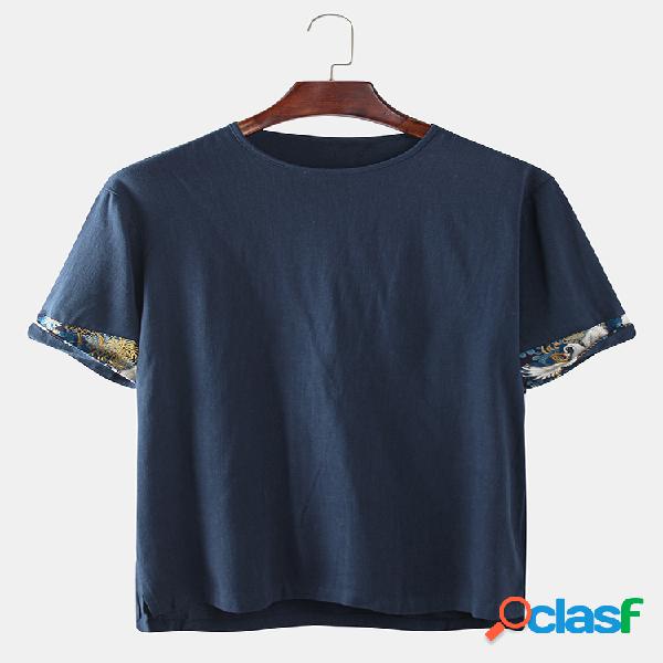 Mens bordado étnico manga em torno do pescoço t-shirt