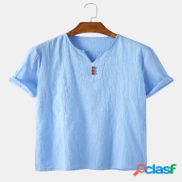 Mens estilo chainese casual botão v pescoço t-shirt de