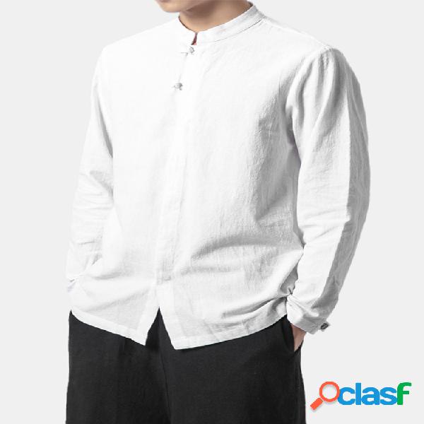 Mens estilo chinês casual cor sólida gola manga longa