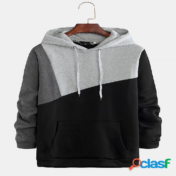 Mens estilo simples contraste cor patchwork cordões hoodies