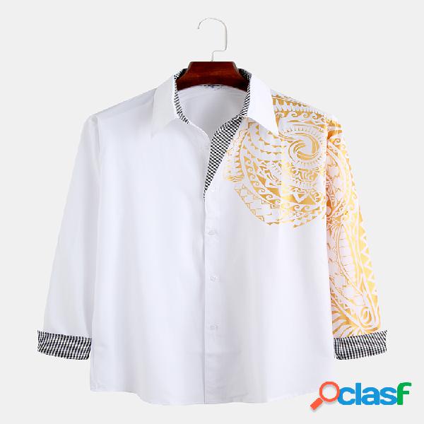 Mens estilo étnico cor sólida respirável camisas de manga