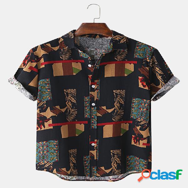 Mens estilo étnico patchwork manga curta casual Camisa