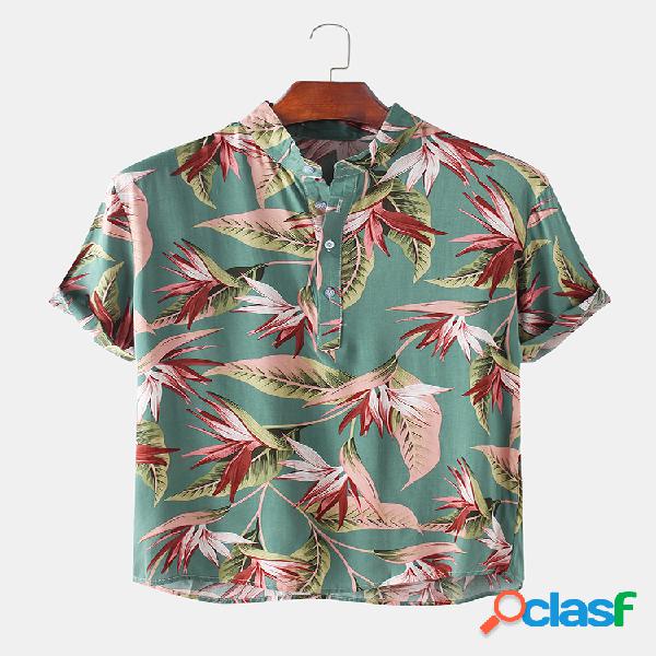 Mens havaiano floral impresso manga curta Henley Camisa