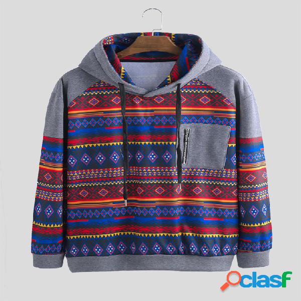 Mens impressão étnica moda patchwork manga comprida