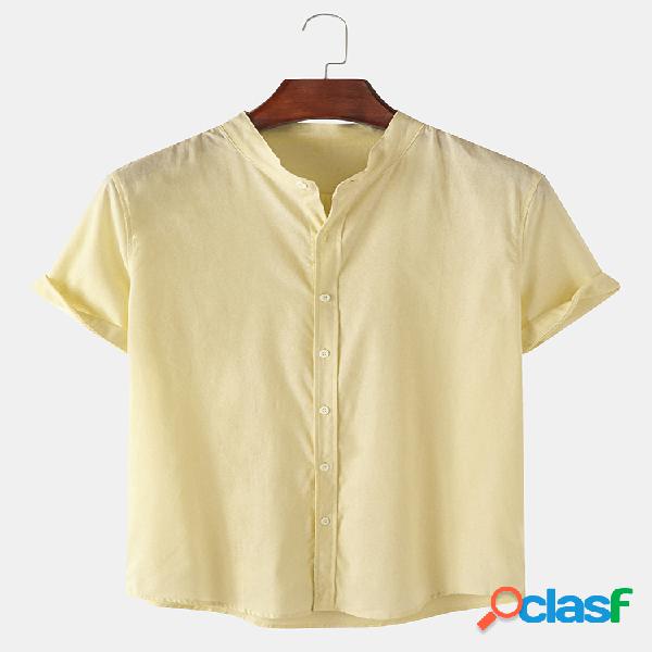Mens linho respirável gola cor sólida manga curta Camisa