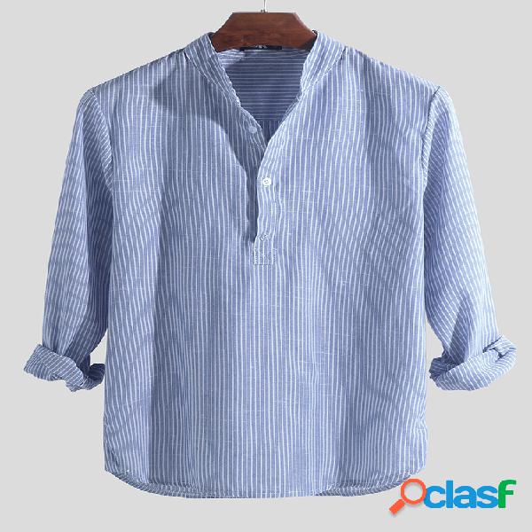 Mens listrado algodão respirável camisetas manga comprida