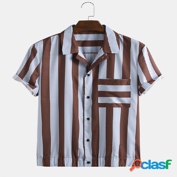 Mens listrado respirável lapela colarinho camisas de manga