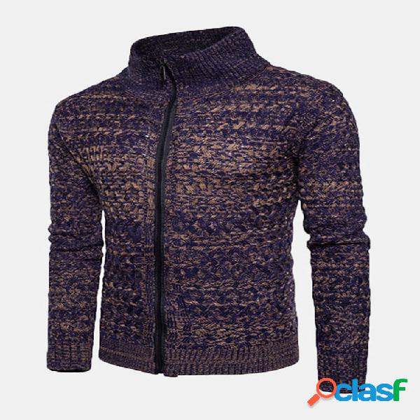 Mens outono inverno gola de malha zip up cardigans camisola