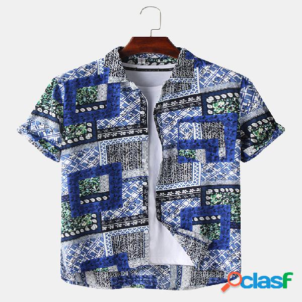 Mens étnica bandana impressão patchwork manga curta Camisa