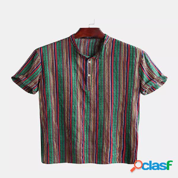 Mens étnica multi cor listra camisas de manga curta Henley
