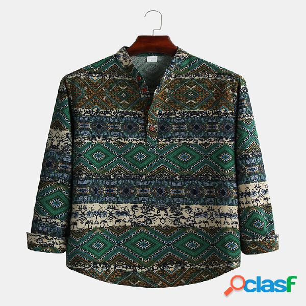 Mens étnico impresso magro manga longa Henley Camisa