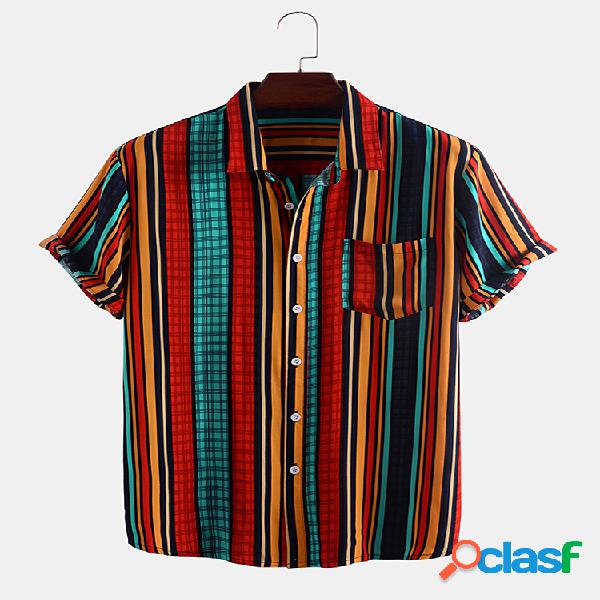 Mens étnico multi-color listrado manga curta camisas de