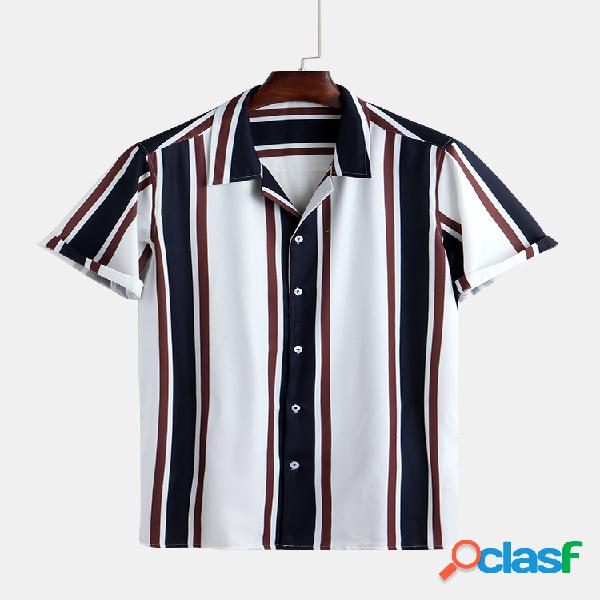 Mens verão hit color listrado impresso turn down collar