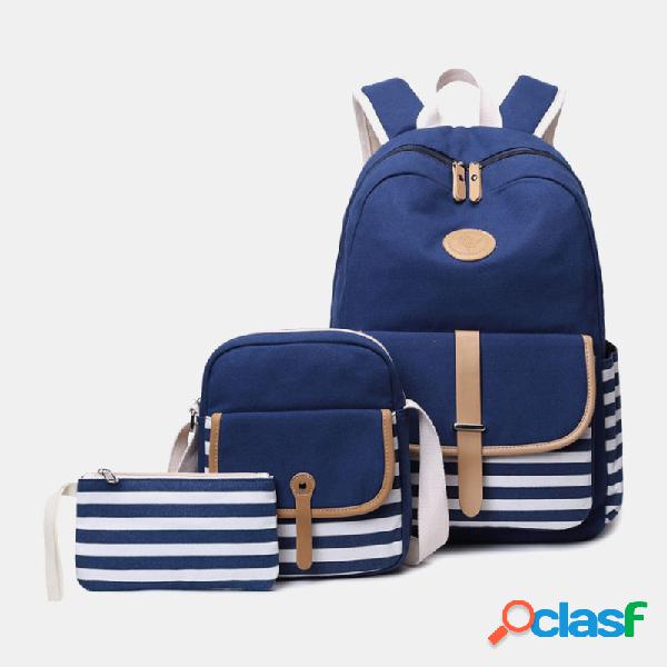 Mulheres 3PCS Canvas Striped Backpack School Crossbody Bolsa