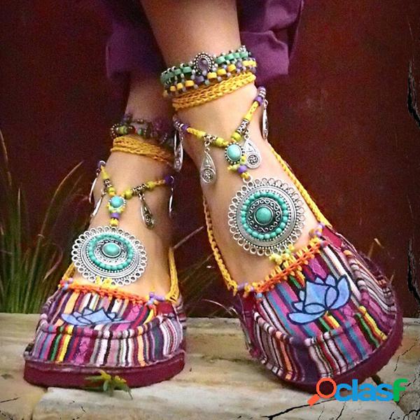 Mulheres Bohemia Casual Canvas Beading Slip On Flats Shoes