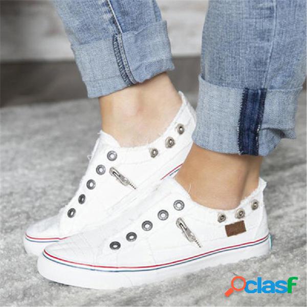 Mulheres Buttonhole Zip Tow Tone Canvas Comfy Casual Planos