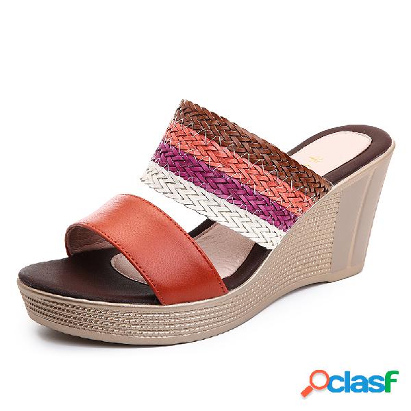 Mulheres Casual Weaven Plataforma Wedge Heel Peep Toe
