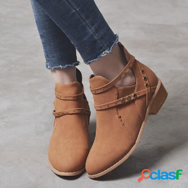 Mulheres Comfy Strappy Block Heel Botas Chelsea com zíper