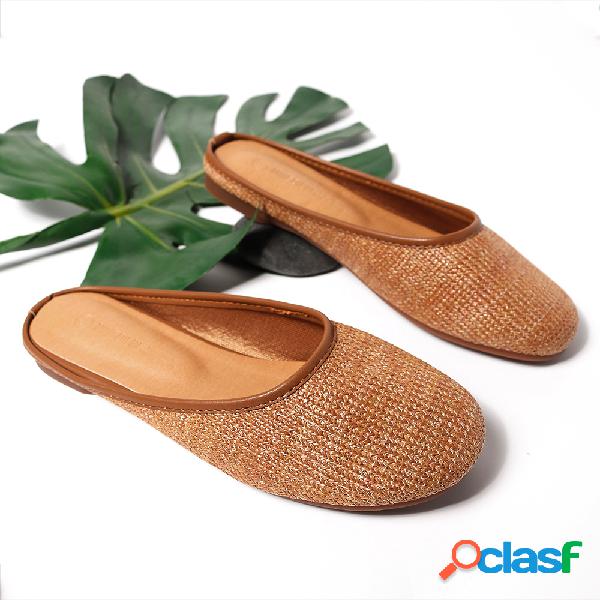 Mulheres Linho Linho Trançado Fechado Toe Flats Chinelos