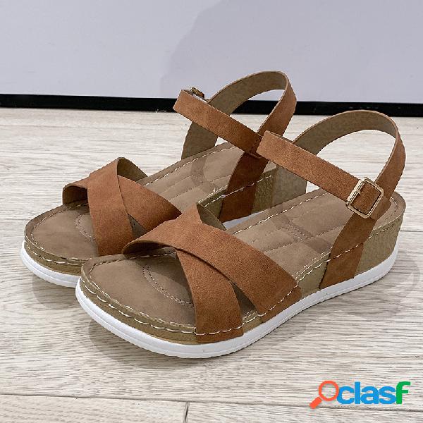 Mulheres Peep Toe Cross Strap Buckle Praia Sandálias de