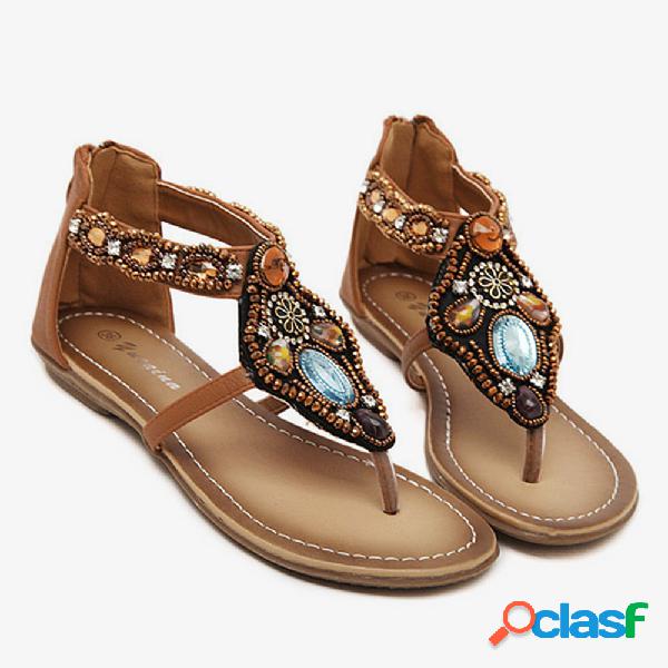 Mulheres Rhinestone Bohemian Style Clip Toe Zippers Planos
