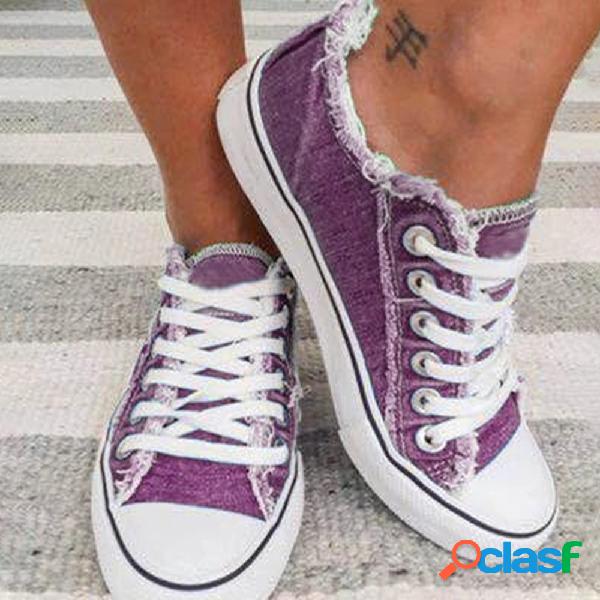 Mulheres casual lona confortável ata acima sapatos baixos