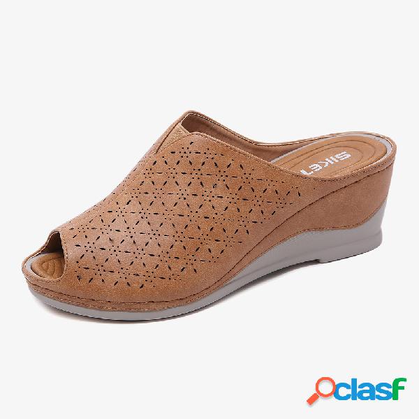 Mulheres peep toe hoolow respirável sandálias cunhas
